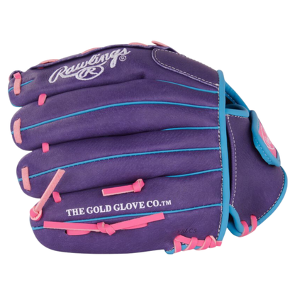 A photo of the Rawlings Sure Catch 11" Youth Softball Glove in colour purple, pink and blue. 