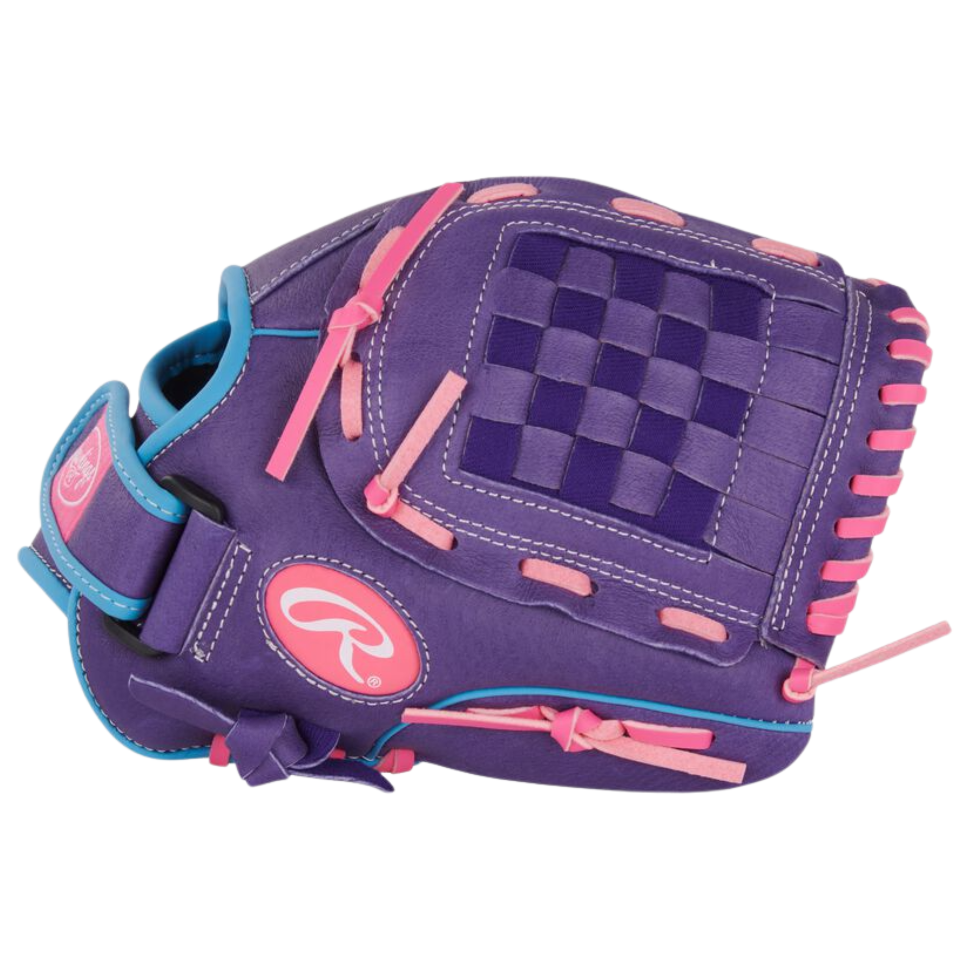 A photo of the Rawlings Sure Catch 11" Youth Softball Glove in colour purple, pink and blue. 