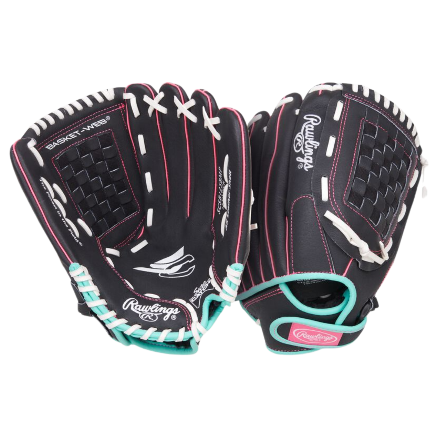 A photo of the Rawlings Sure Catch 12.5" Youth Softball Glove in colour black white blue and red.