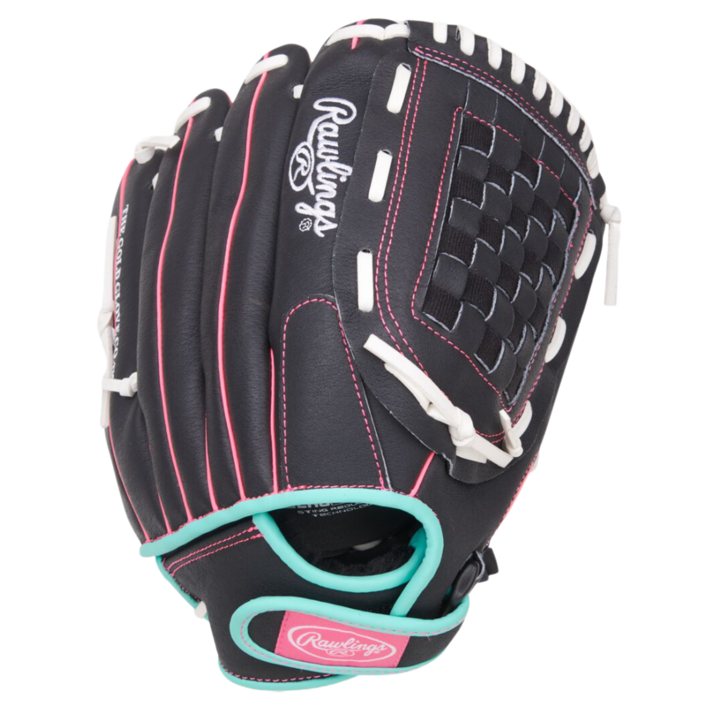 A photo of the Rawlings Sure Catch 12.5" Youth Softball Glove in colour black white blue and red.