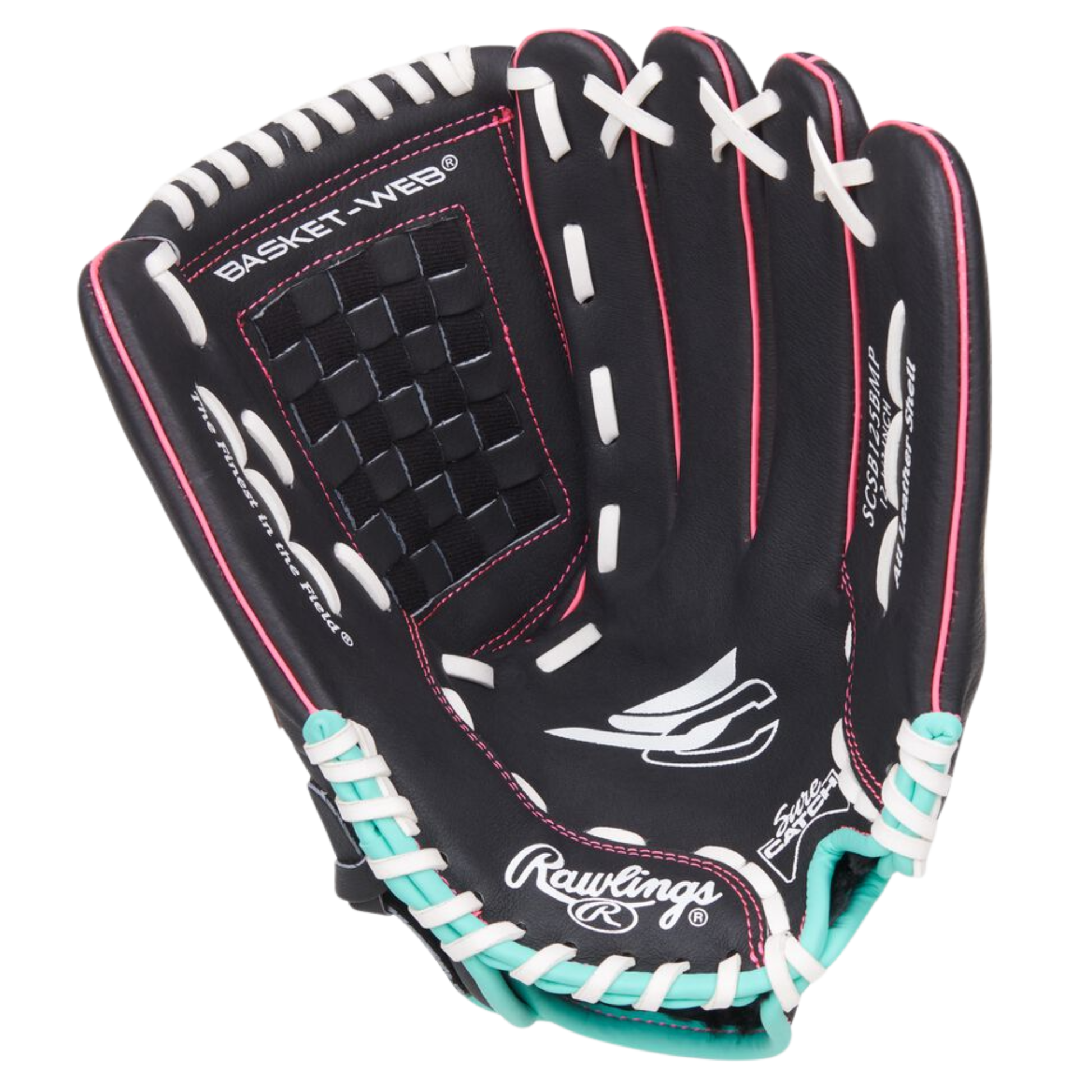 A photo of the Rawlings Sure Catch 12.5" Youth Softball Glove in colour black white blue and red.