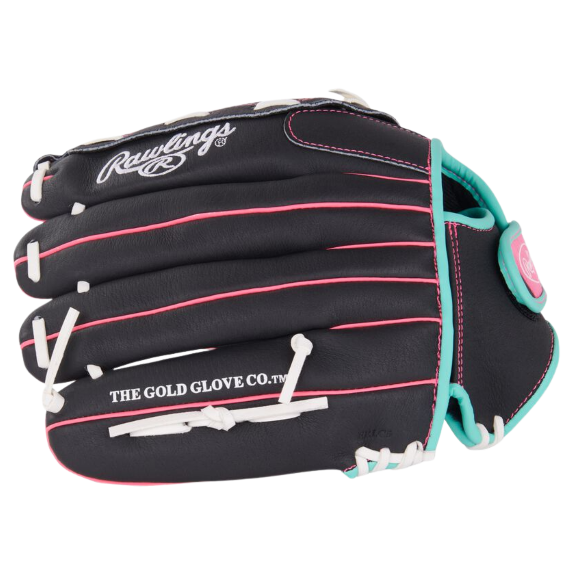 A photo of the Rawlings Sure Catch 12.5" Youth Softball Glove in colour black white blue and red.
