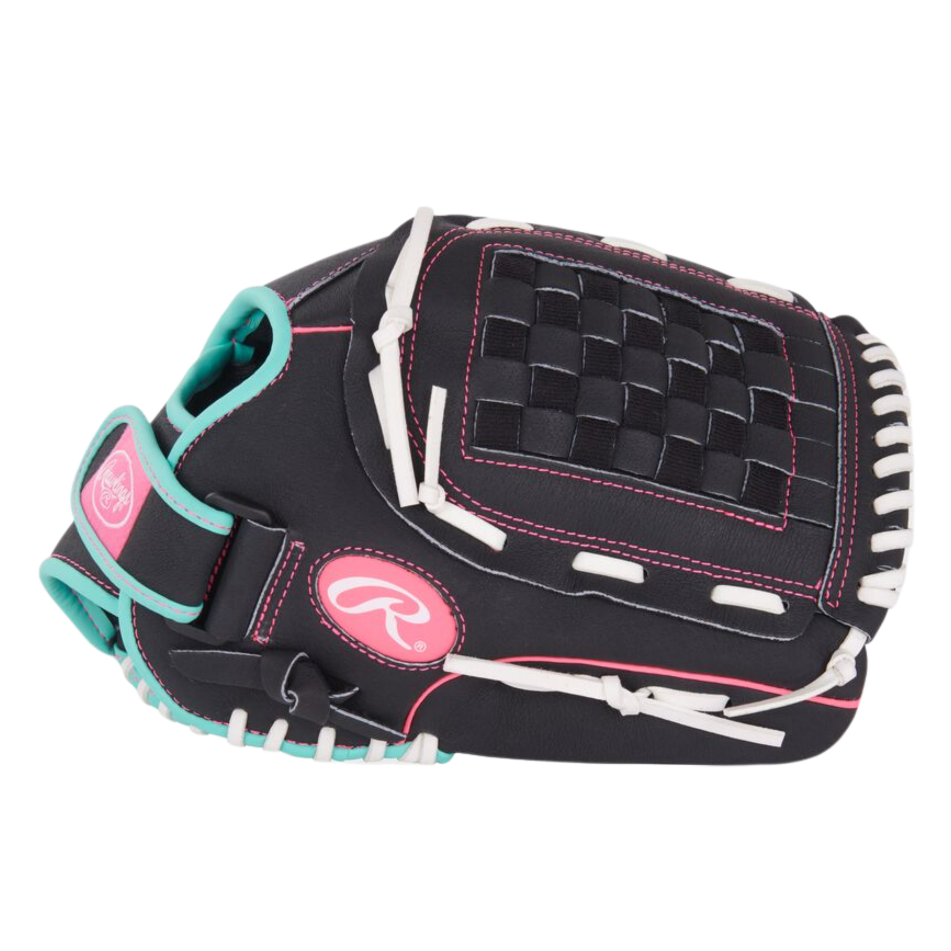 A photo of the Rawlings Sure Catch 12.5" Youth Softball Glove in colour black white blue and red.