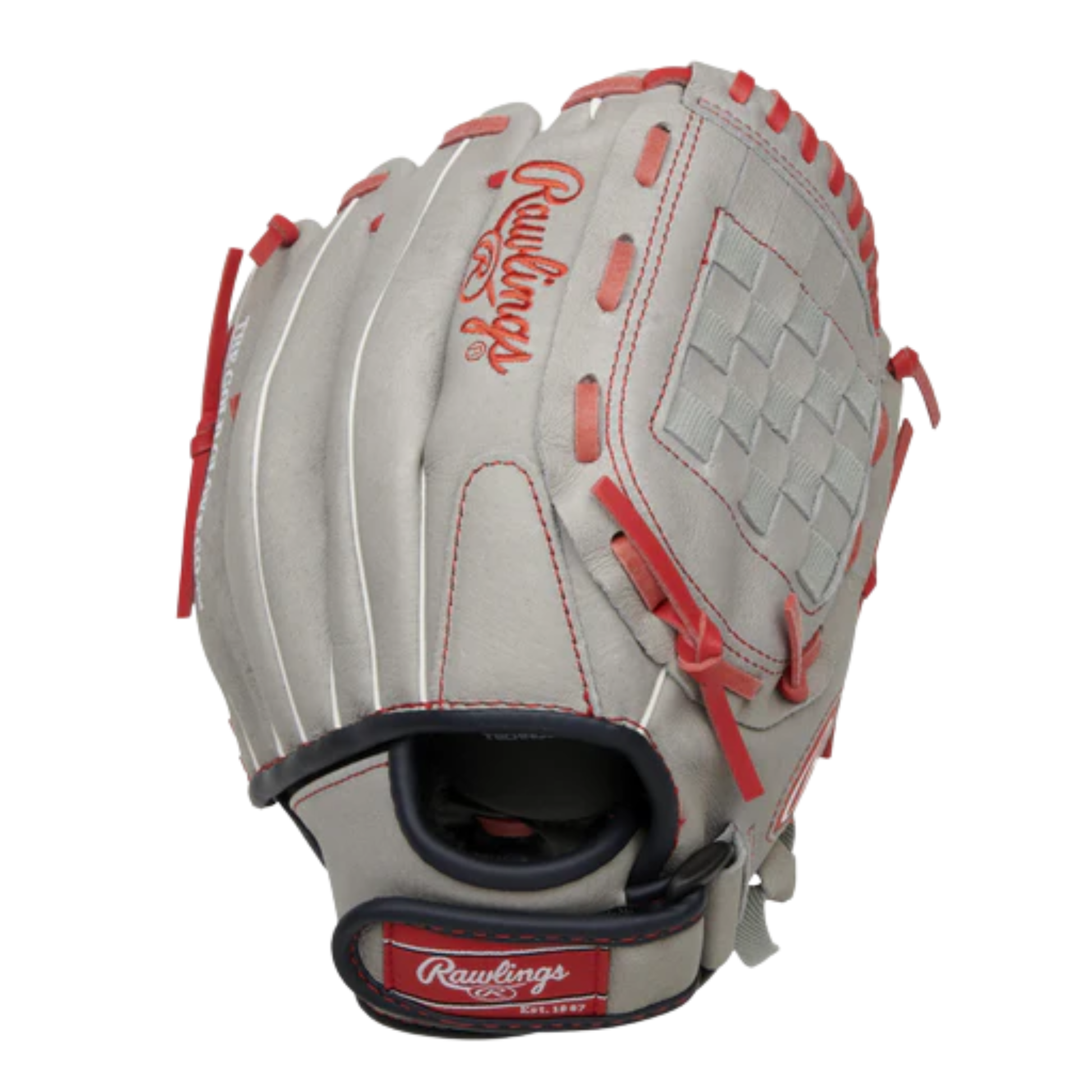 A photo of the Rawlings Sure Catch Mike Trout Signature 11" Youth Baseball Glove in colour grey and red.