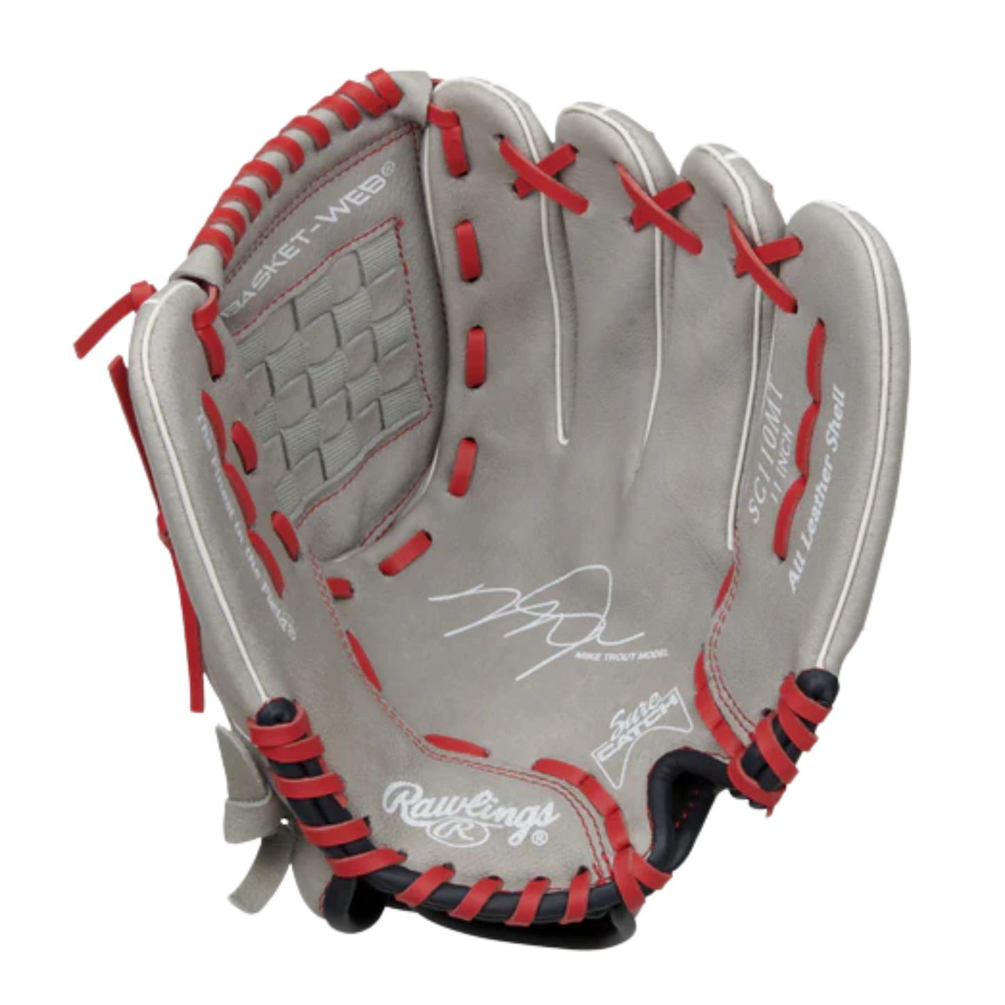 A photo of the Rawlings Sure Catch Mike Trout Signature 11" Youth Baseball Glove in colour grey and red.