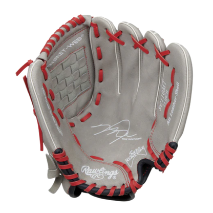 A photo of the Rawlings Sure Catch Mike Trout Signature 11" Youth Baseball Glove in colour grey and red.