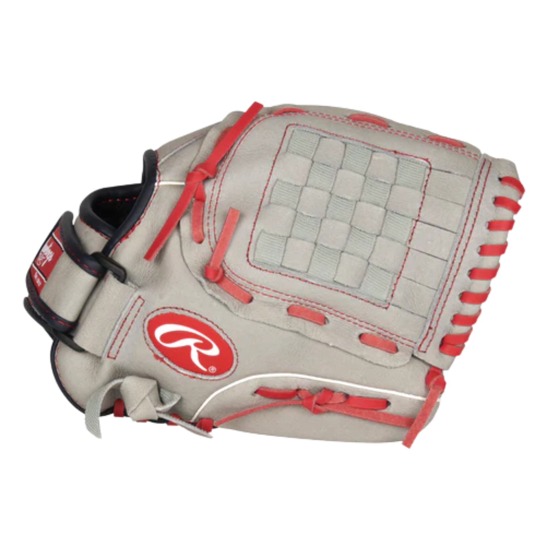 A photo of the Rawlings Sure Catch Mike Trout Signature 11" Youth Baseball Glove in colour grey and red.