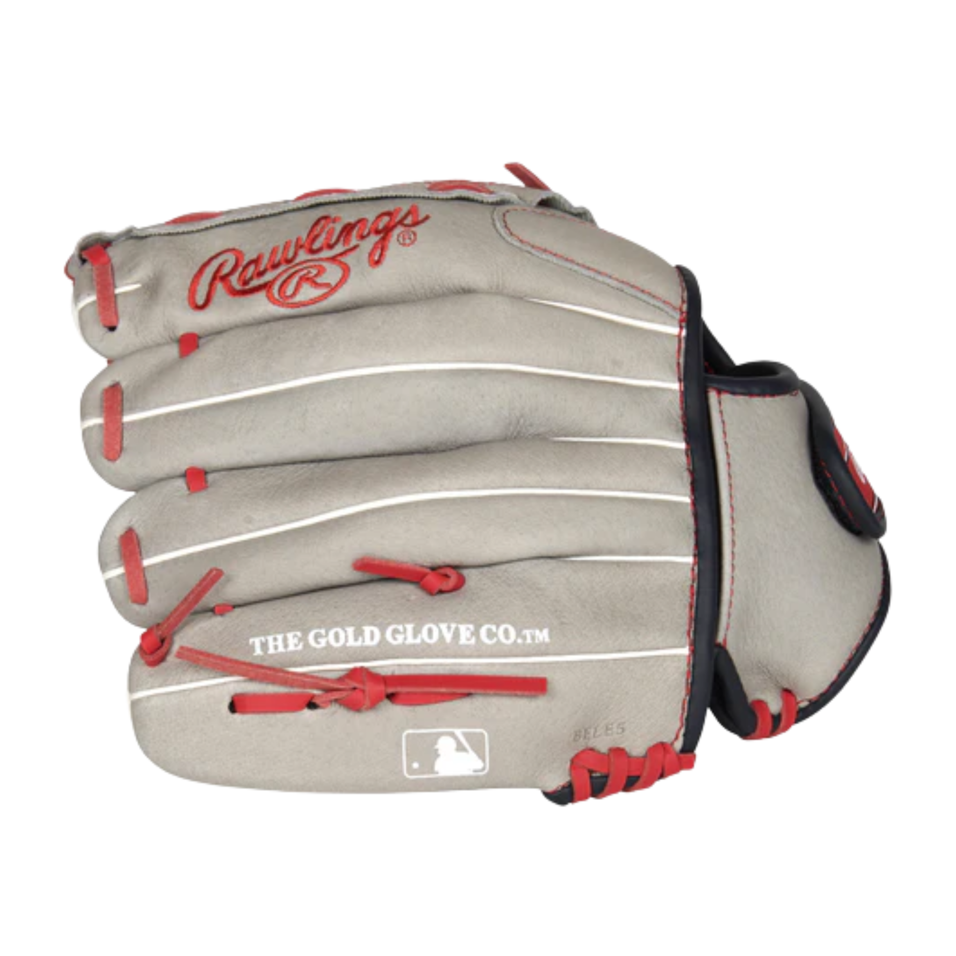 A photo of the Rawlings Sure Catch Mike Trout Signature 11" Youth Baseball Glove in colour grey and red.