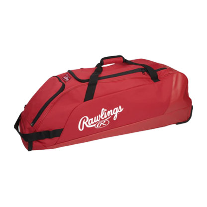 A photo of the Rawlings Workhorse Wheeled Baseball Bag in colour red.