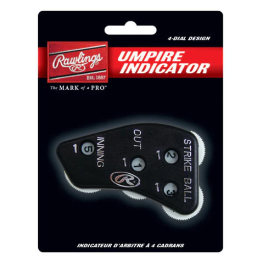 A photo of the black Rawlings 4-In-1 Umpire Indicator in black and red packaging. 