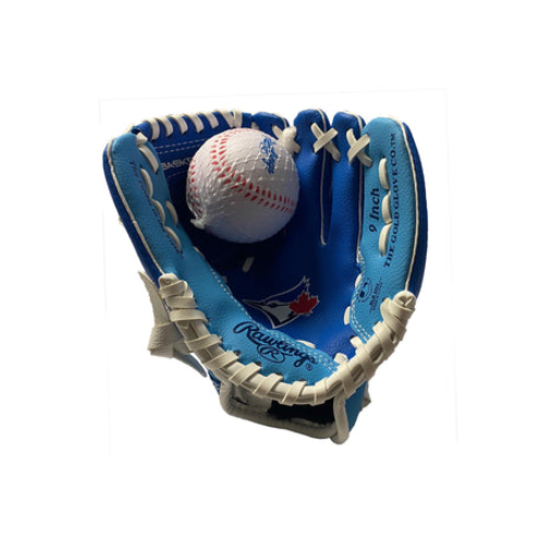 A photo of the Rawlings 9" Youth Toronto Blue Jays Players Baseball Glove with Ball in colour blue.