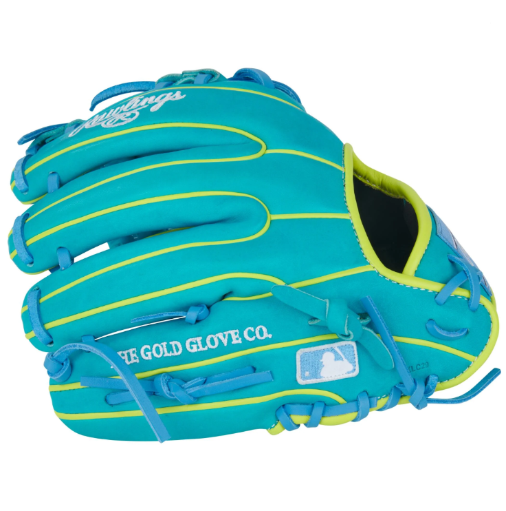 A photo of the Rawlings Heart of the Hide 11.75" Baseball Glove in colour teal and yellow.
