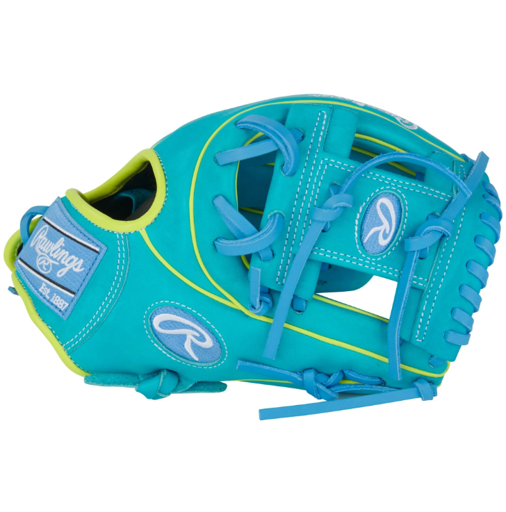 A photo of the Rawlings Heart of the Hide 11.75" Baseball Glove in colour teal and yellow.