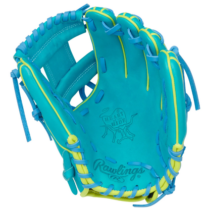 A photo of the Rawlings Heart of the Hide 11.75" Baseball Glove in colour teal and yellow.