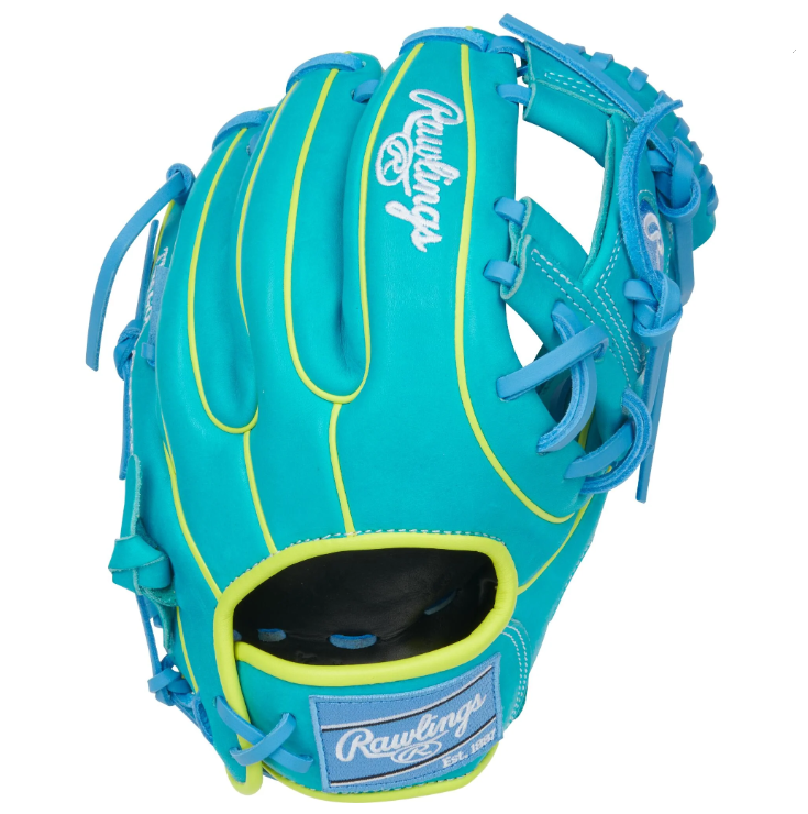 A photo of the Rawlings Heart of the Hide 11.75" Baseball Glove in colour teal and yellow.