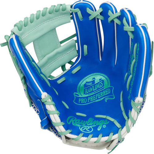 A photo of the Rawlings Pro Preferred 11.5" Baseball Glove in colour mint and blue.