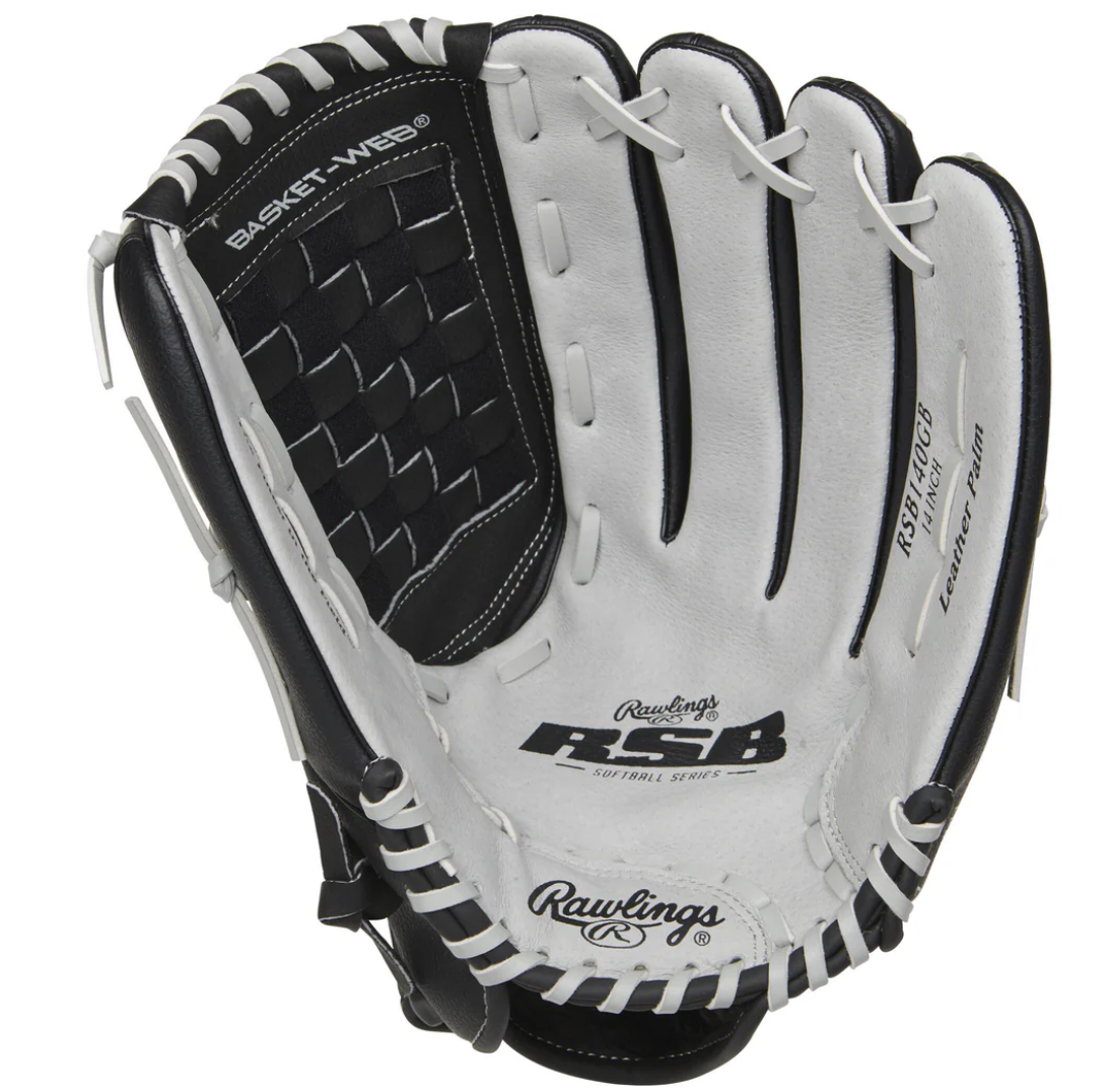 Black and white baseball glove with Rawlings branding on a white background