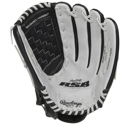 Black and white baseball glove with Rawlings branding on a white background