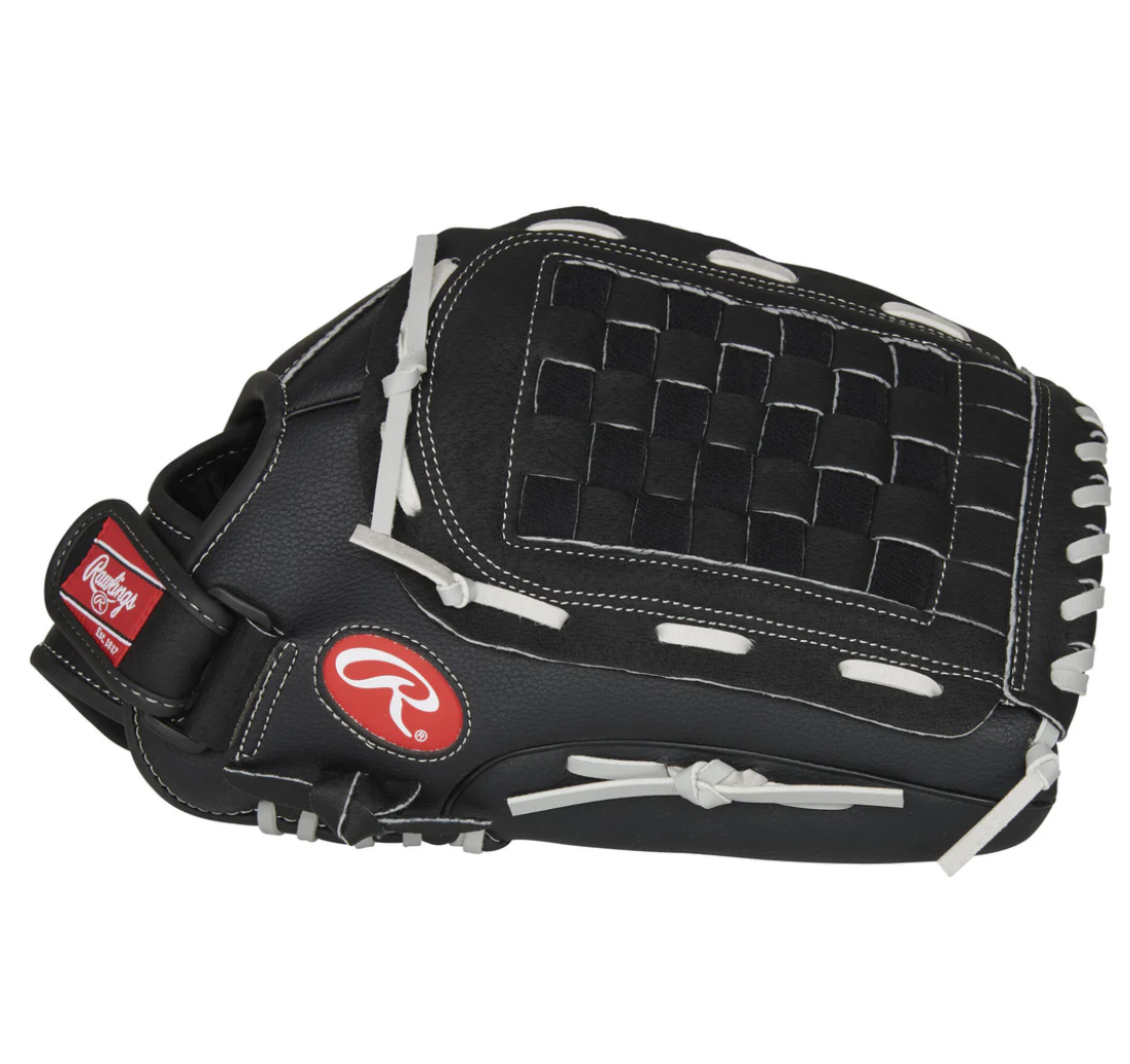 Black baseball glove with a red logo on a white background