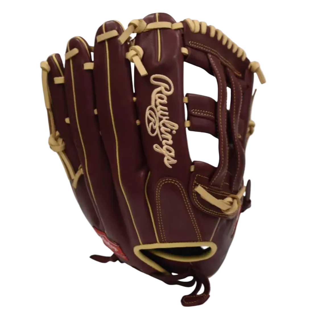 Brown baseball glove with gold stitching on a white background, featuring the Rawlings logo.