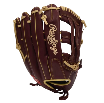 Brown baseball glove with gold stitching on a white background, featuring the Rawlings logo.