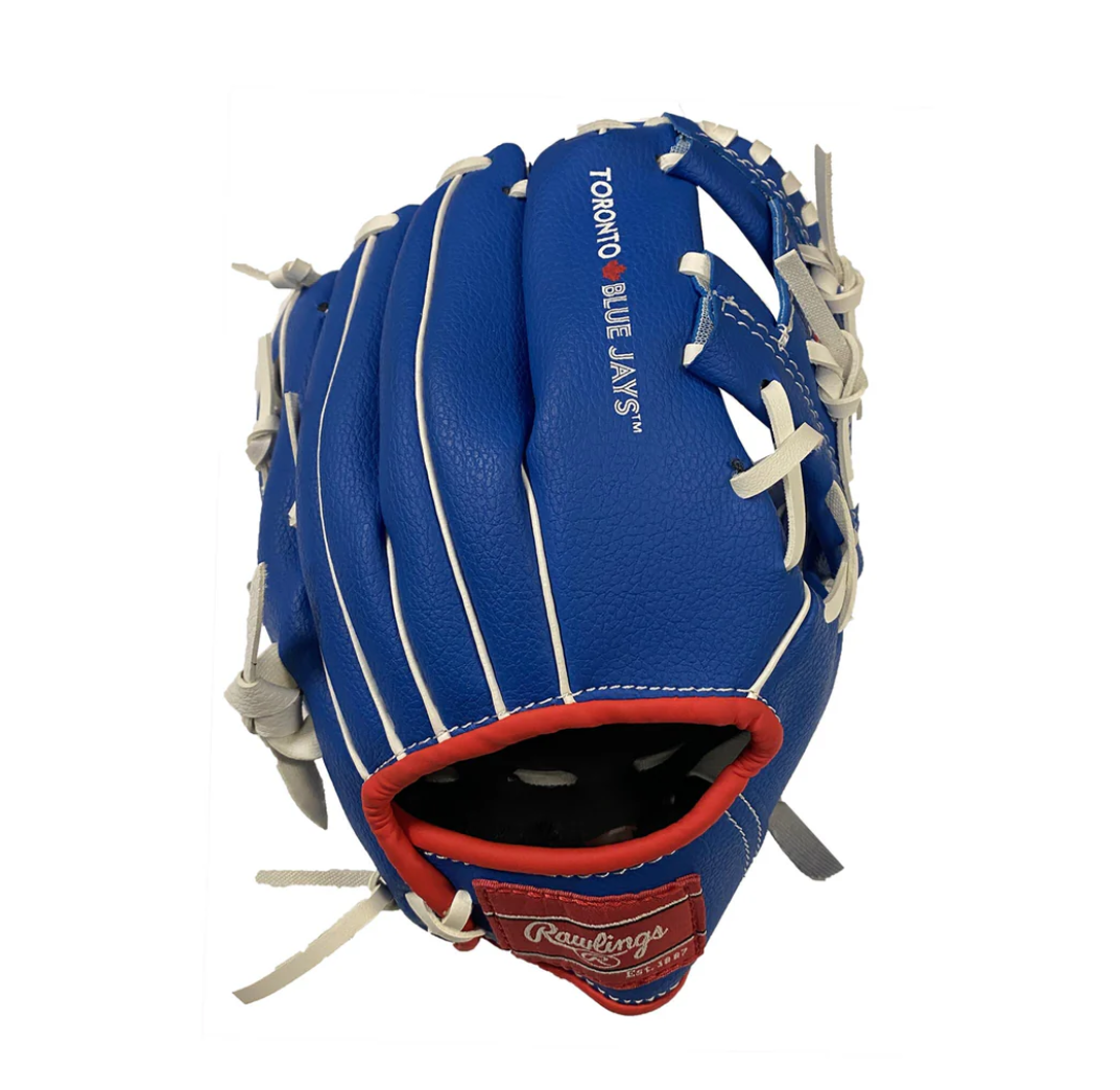 Blue baseball glove with red interior and white stitching, featuring the Toronto Blue Jays logo on a white background.