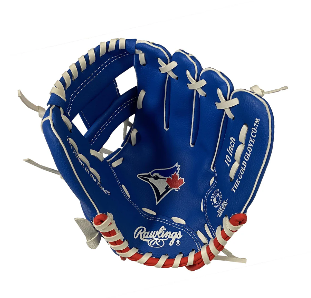 Blue baseball glove with white and red accents, featuring Rawlings logo and Toronto Blue Jays emblem on a white background.