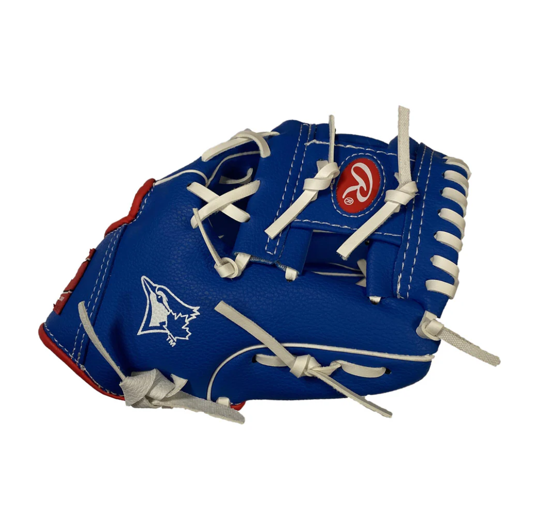 Blue baseball glove with white stitching on a white background