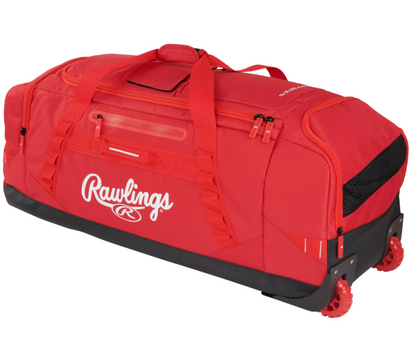 A photo of the Rawlings Yadi 2 Wheeled Catcher's Bag in colour red, side of the bag.