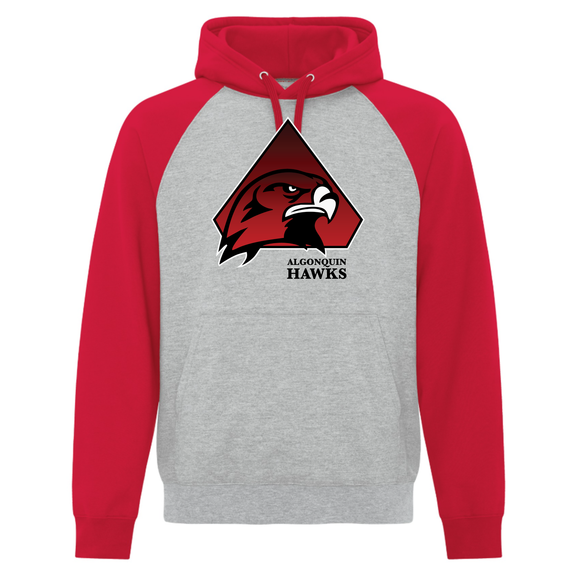 A photo of the SPHL Algonquin Hawks - Two Tone Hoodie in colour red and grey.