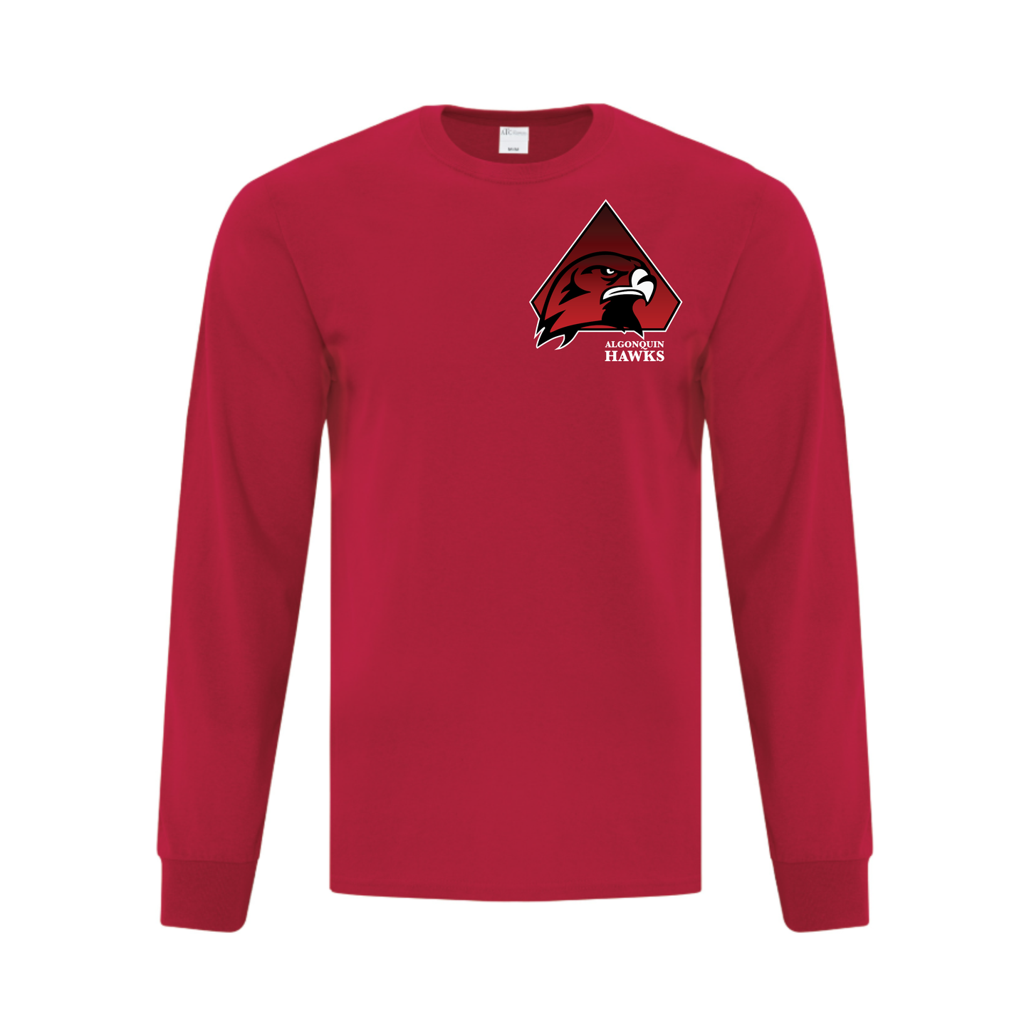 A photo of the SPHL Algonquin Hawks - Adult Long Sleeve in colour red.