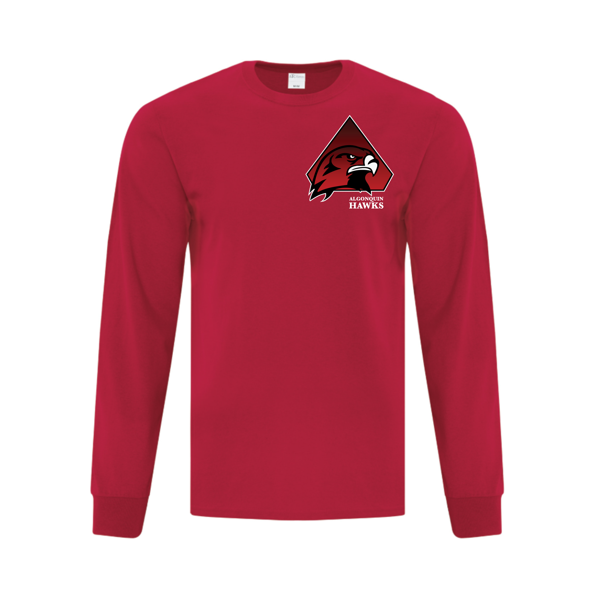 A photo of the SPHL Algonquin Hawks - Adult Long Sleeve in colour red.
