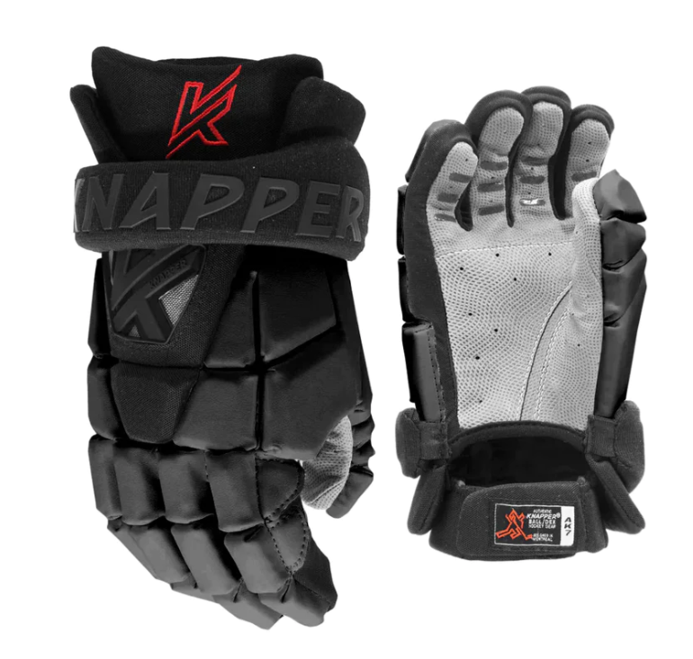 A photo of the Knapper AK7 Street Hockey Gloves in colour black front and back view