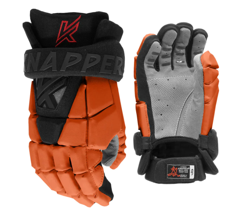 A photo of the Knapper AK7 Street Hockey Gloves in colour orange front and back view