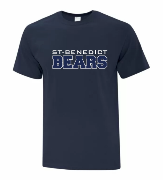 A photo of the St. Benedict T-shirt with BEAR writing in colour navy blue