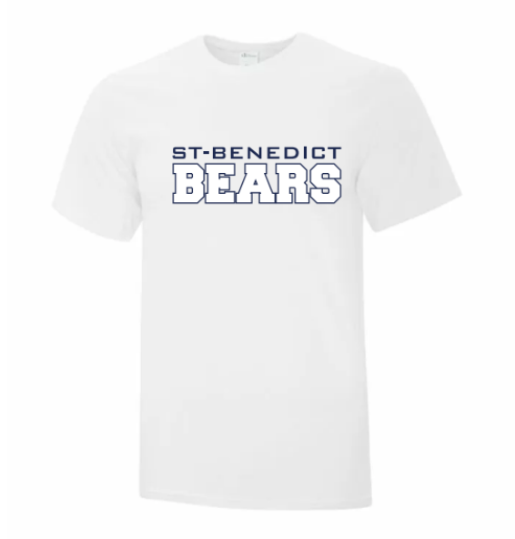 A photo of the St. Benedict T-shirt with BEAR writing in colour white