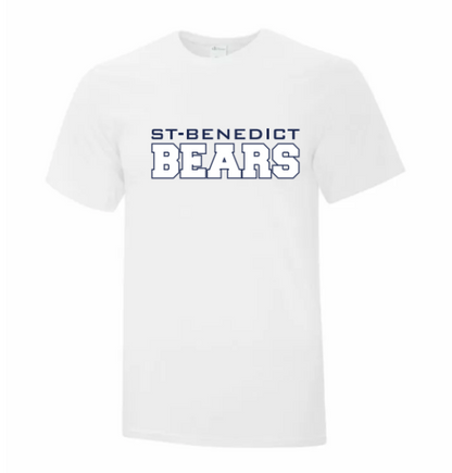 A photo of the St. Benedict T-shirt with BEAR writing in colour white