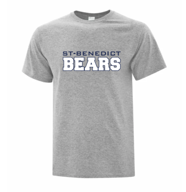 A photo of the St. Benedict T-shirt with BEAR writing in colour grey