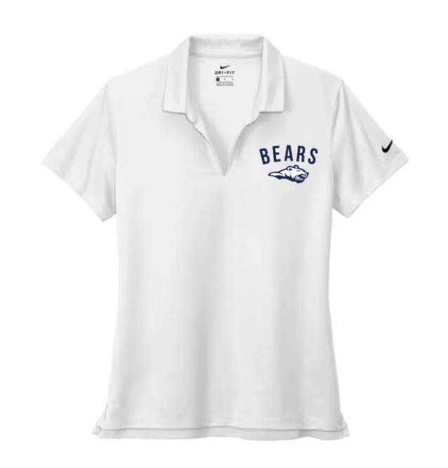A photo of the St. Benedict Alternative Women's Polo with BEAR logo in colour white