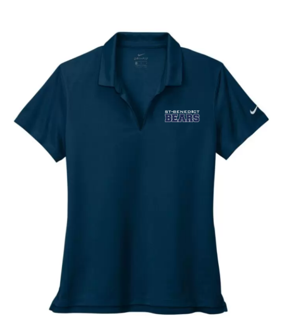 A photo of the St. Benedict Women's Polo with BEAR writing in colour navy blue