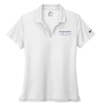 A photo of the St. Benedict Women's Polo with BEAR writing in colour white