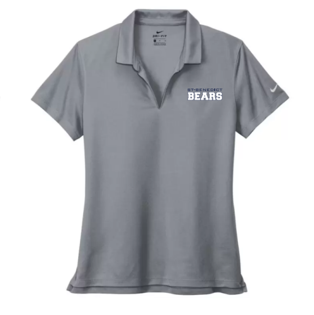 A photo of the St. Benedict Women's Polo with BEAR writing in colour grey
