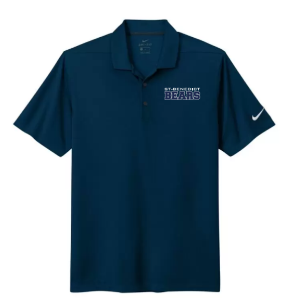 A photo of the St. Benedict Men's Polo with BEAR writing in colour navy blue