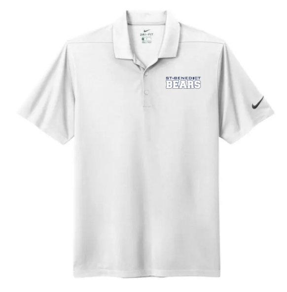 A photo of the St. Benedict Men's Polo with BEAR writing in colour white