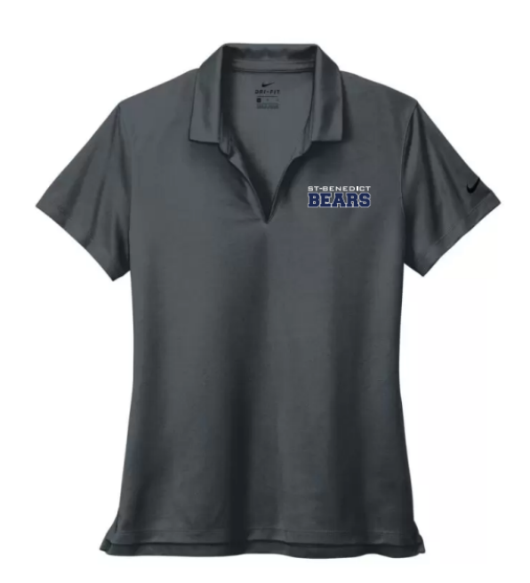 A photo of the St. Benedict Women's Polo with BEAR writing in colour charcoal