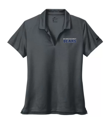 A photo of the St. Benedict Women's Polo with BEAR writing in colour charcoal