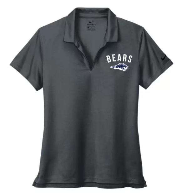 A photo of the St. Benedict Alternative Women's Polo with BEAR logo in colour charcoal