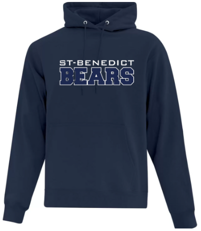 A photo of the ATC St. Benedict Hoodie with st-benedicts bears writing in colour navy blue 