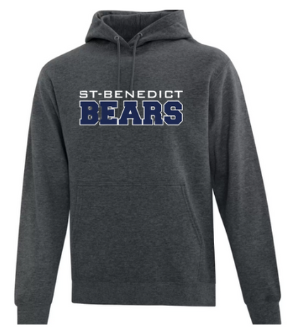 A photo of the ATC St. Benedict Hoodie with st-benedicts bears writing in colour charcoal
