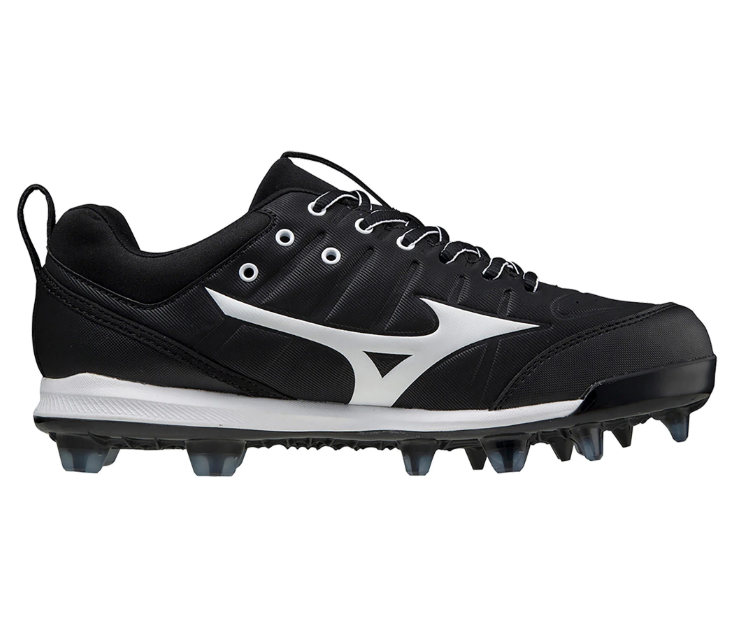 A photo of the Mizuno 9-Spike Advanced Finch Elite 5 TPU Women's Molded Softball Cleats in colour black and white side view.